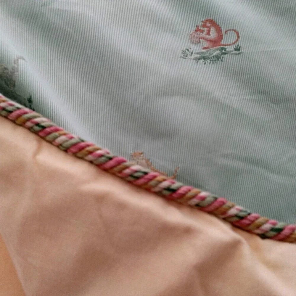 Custom Bed Coverlets with Embroidered Animals in Pistachio/Yellow 52 x 49
